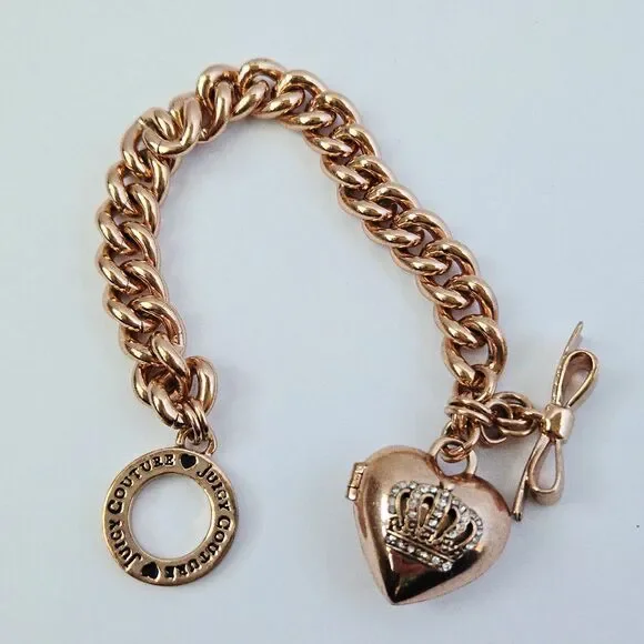 2013 Vintage Juicy Couture Rose Gold Heart Locket Bracelet Bow Toggle Closure - Picture 2 of 11